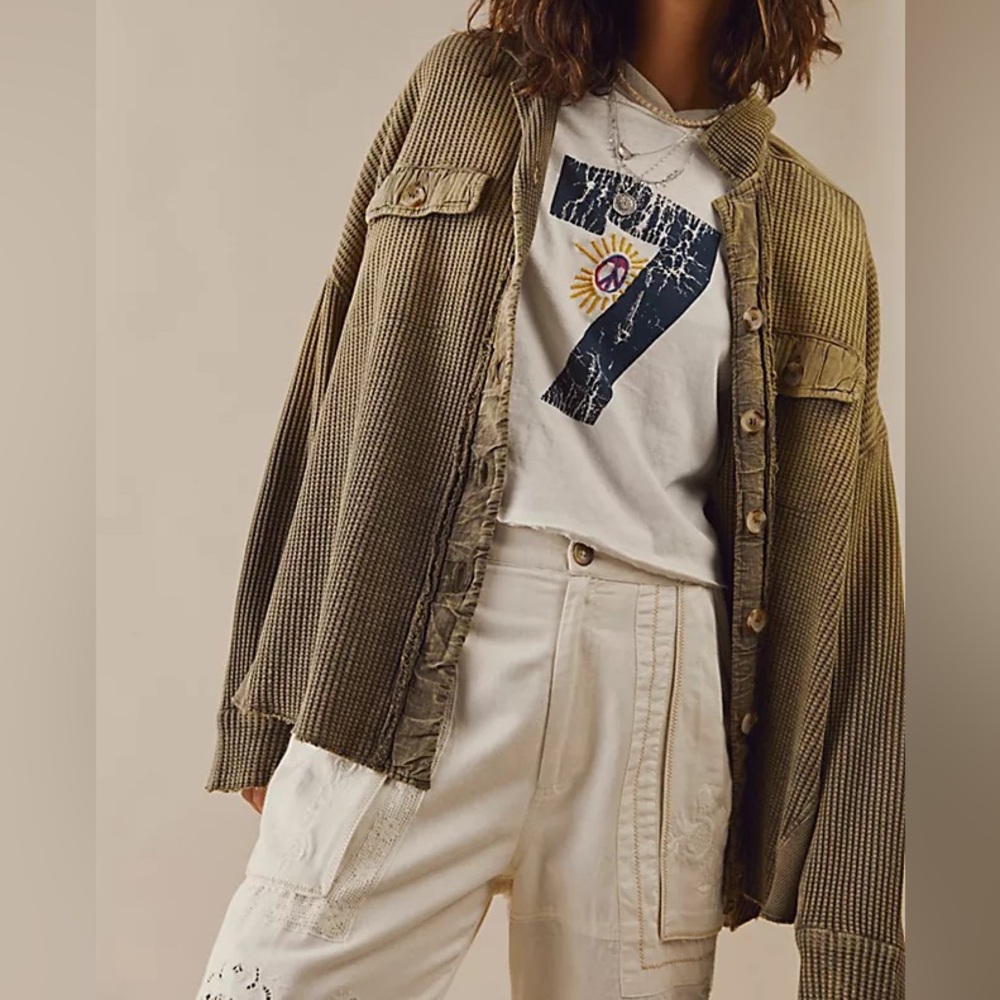 Free People One Scout Dip Dye Waffle Knit Waffle Button Front Oversized Jacket